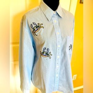 Las Olas Womens Button Front Shirt stripped Blue Crap Embroidered ,Shine Dots